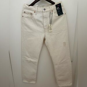 Levis 501 Cropped Jeans High Rise Straight Leg Distressed Ecru-White Woman’s.